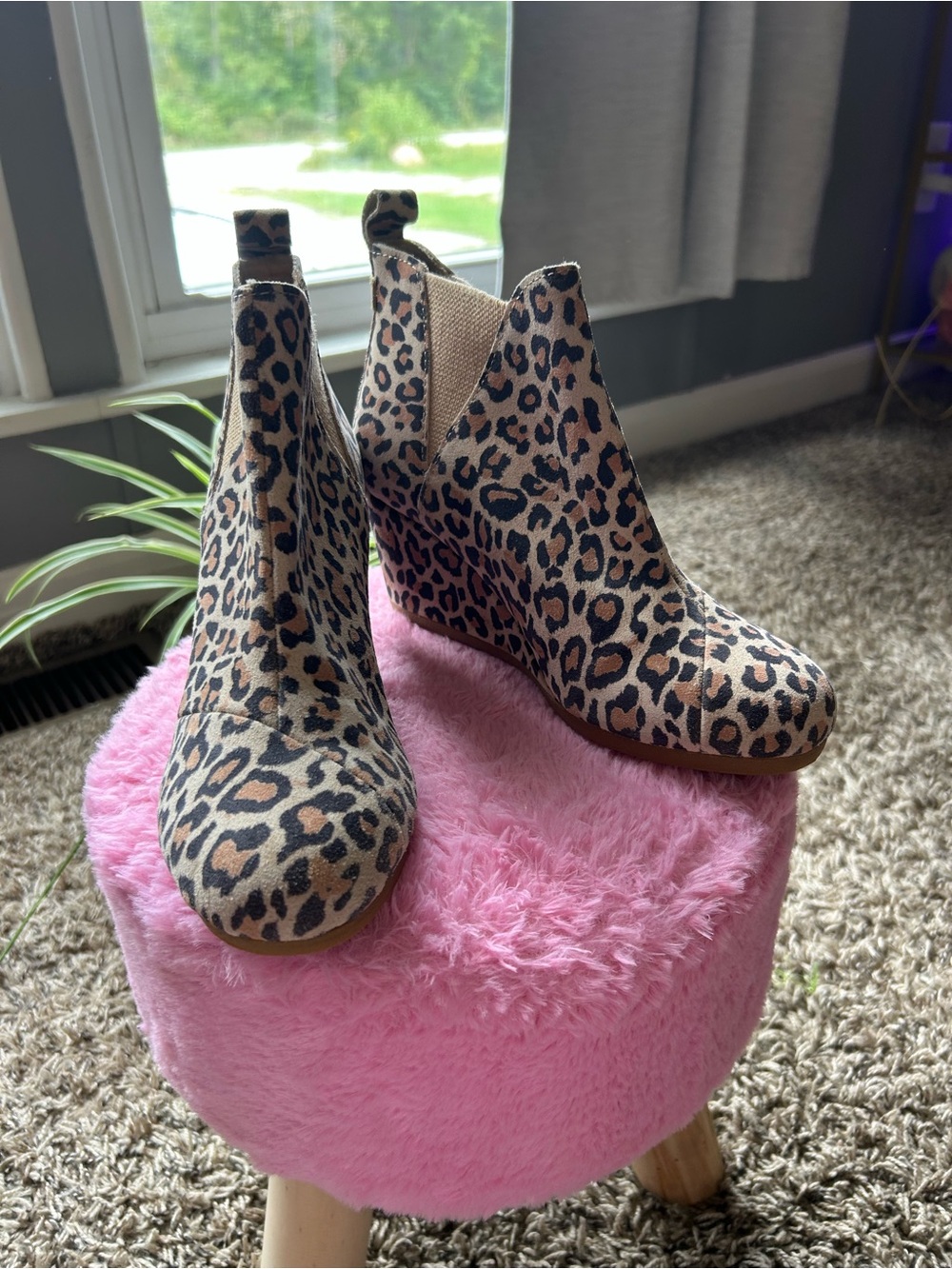 Toms Leopard Print Wedge Ankle Booties in Tan and Black